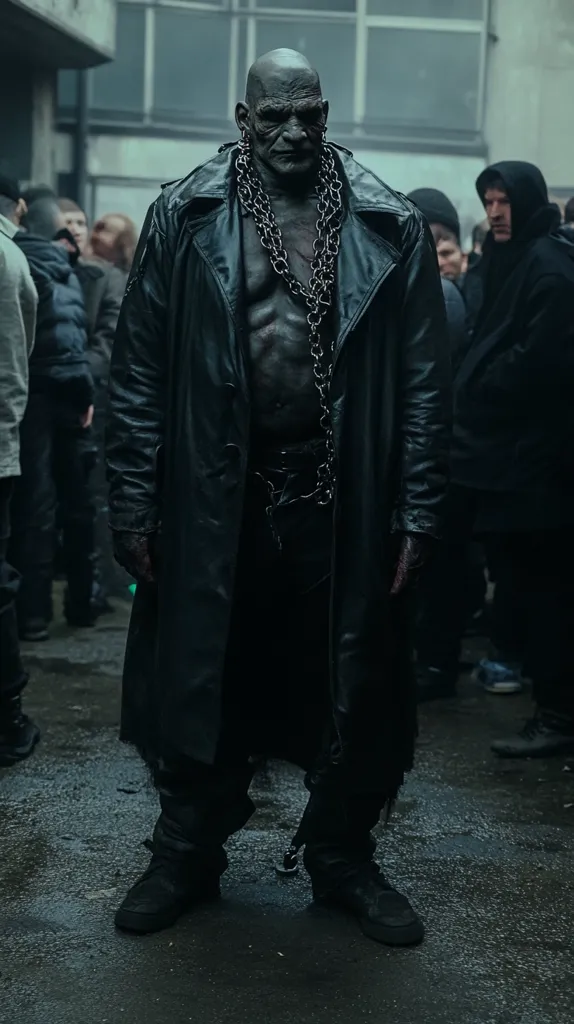 A man with a shaved head and a dark, menacing expression stands in a dimly lit alleyway. He wears a black leather trench coat and a long silver chain around his neck. His face is weathered and his eyes are piercing. He is surrounded by other figures in the background, all dressed in dark clothing. The alley is wet and the air is thick with tension.  The overall tone of the image is mysterious and unsettling.