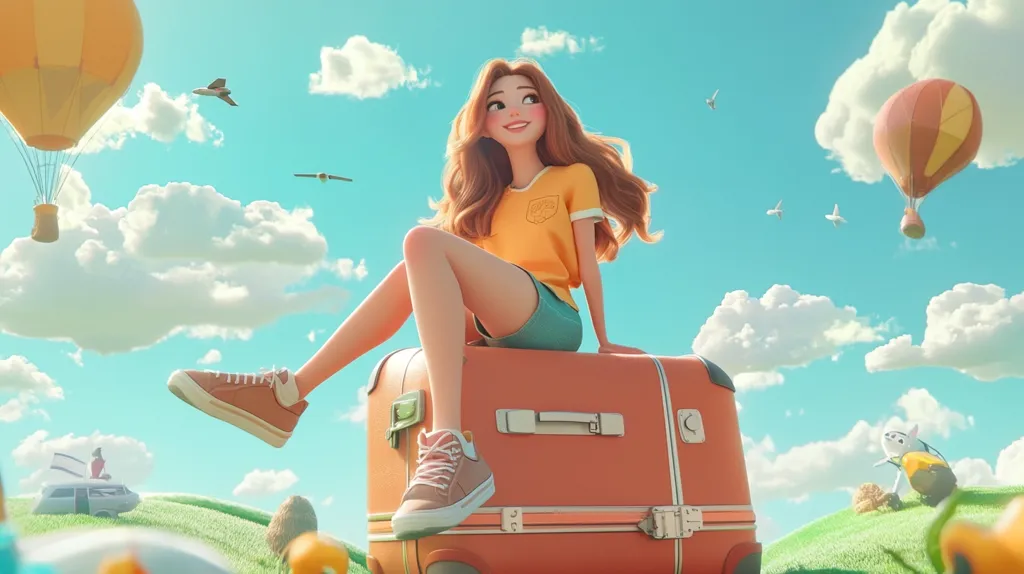 A cartoon girl with long brown hair sits on a large orange suitcase. She is wearing a yellow shirt and blue shorts. She is looking up at the sky, where there are two hot air balloons and a few clouds. There is a green hill in the foreground and the sky is a light blue. The girl is ready to go on an adventure.