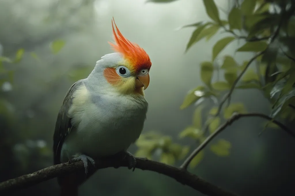 A cockatiel with bright orange and yellow feathers perches on a branch in a lush, green forest. The bird's head is tilted to the side, its eye looking inquisitively at the viewer. The background is blurred, creating a sense of depth and mystery.  The image conveys a sense of peace and tranquility.