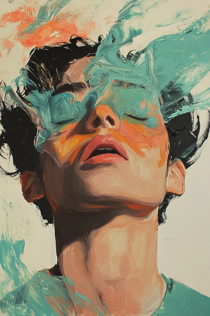 A portrait of a person with their eyes closed and their head tilted back, with a vibrant, colorful, abstract background that blends into their face. The person's lips are slightly parted, as if they are breathing in deeply. The painting is done in a bold, expressive style, with thick layers of paint. The use of color is striking and evocative. The overall mood of the painting is one of peace and tranquility.