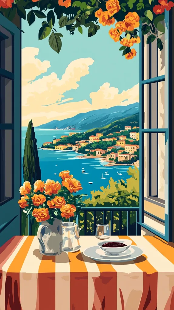 A colorful, whimsical painting depicting an idyllic setting.  A table set with a striped tablecloth, a pitcher, and a bowl of red sauce is positioned near a window with an open view. Orange flowers dangle from the vines outside and frame the window, while the view beyond showcases a quaint coastal town nestled on a hillside, overlooking the shimmering sea.  The sky is a vibrant blue with fluffy white clouds, and the whole scene radiates a sense of warmth and tranquility.