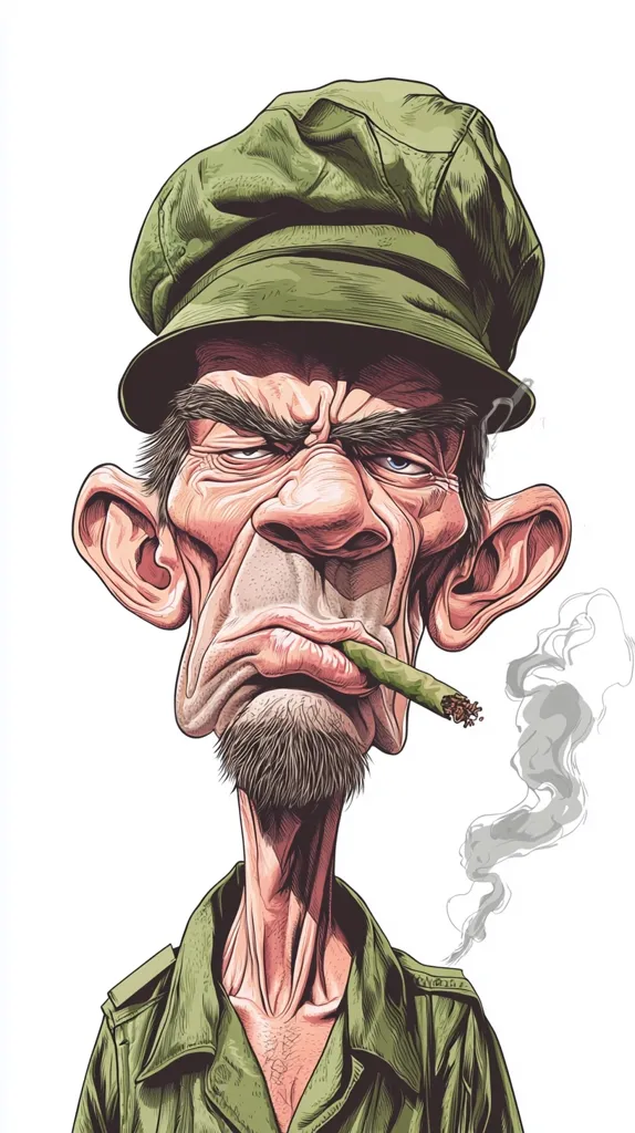 A cartoon caricature of a man with a long neck, large ears, and a prominent nose. He is wearing a green cap and a military jacket, and he is smoking a cigarette. The man has a stern expression on his face, and he looks like he is in a bad mood. The smoke from his cigarette is curling up behind him. The drawing is done in a realistic style, with detailed shading and highlights.