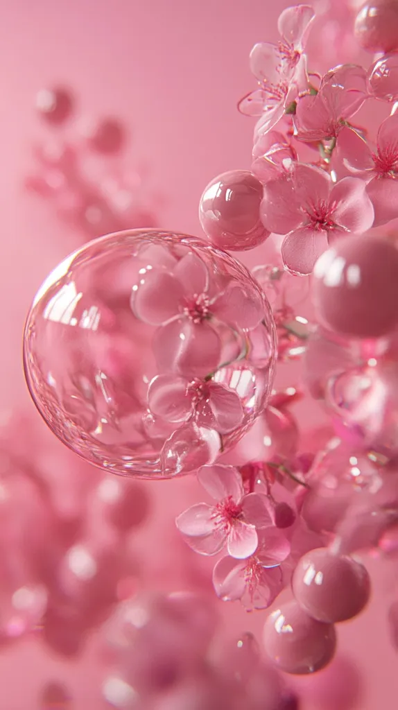 Delicate pink cherry blossoms are captured in a transparent orb, surrounded by a cluster of smaller, translucent orbs. The backdrop is a soft pink, creating a dreamy and ethereal atmosphere. The image evokes a sense of fragility and beauty, highlighting the delicate nature of the blossoms.  The arrangement of orbs and flowers creates a visually captivating composition.