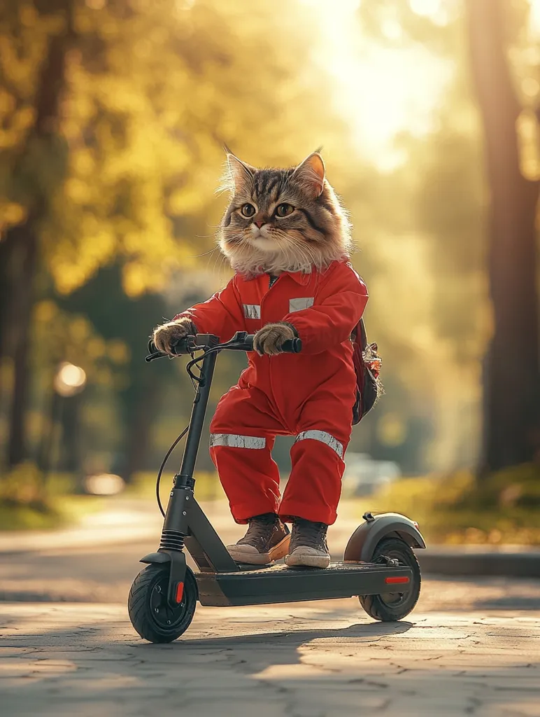 A fluffy cat in a red jumpsuit is riding an electric scooter on a paved path. The cat has a serious expression on its face and is holding onto the handlebars. The sun is shining brightly, and the background is blurred. The cat appears to be enjoying its ride.