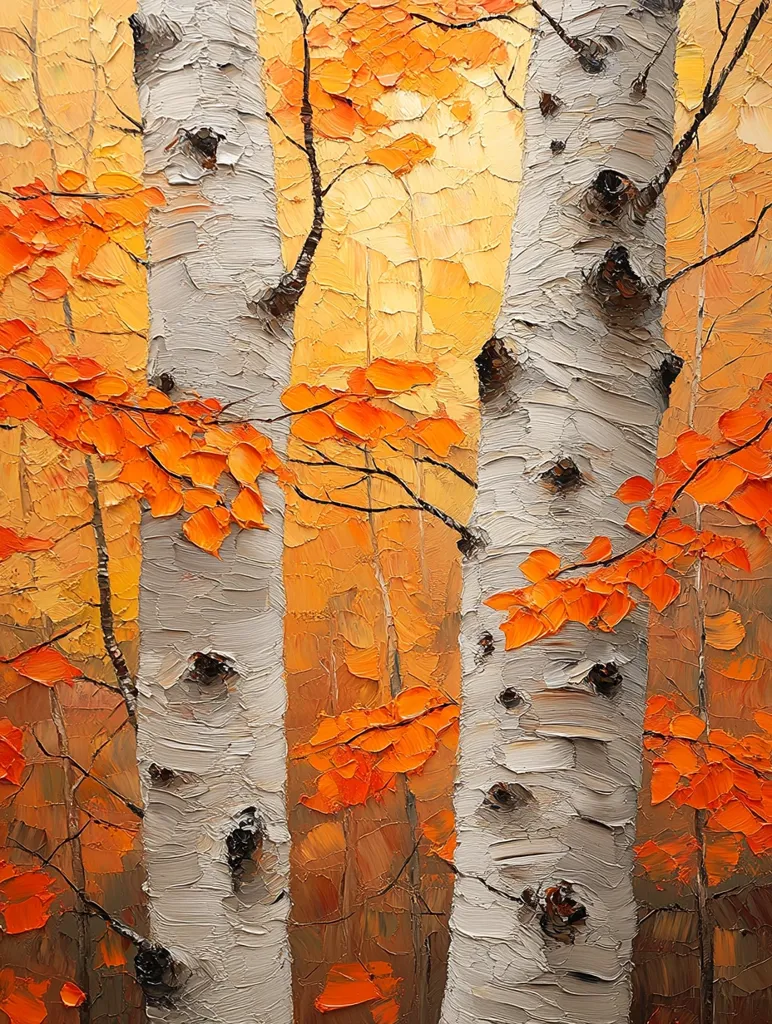 The painting depicts three birch trees with white bark and black knots, standing tall amidst a vibrant autumnal backdrop. The leaves, in hues of orange and red, create a contrasting and lively scene against the white trunks. The painting utilizes thick brushstrokes, giving the impression of a textured canvas. The overall effect is warm and inviting, capturing the beauty of autumn's colors and the enduring presence of the birch trees.