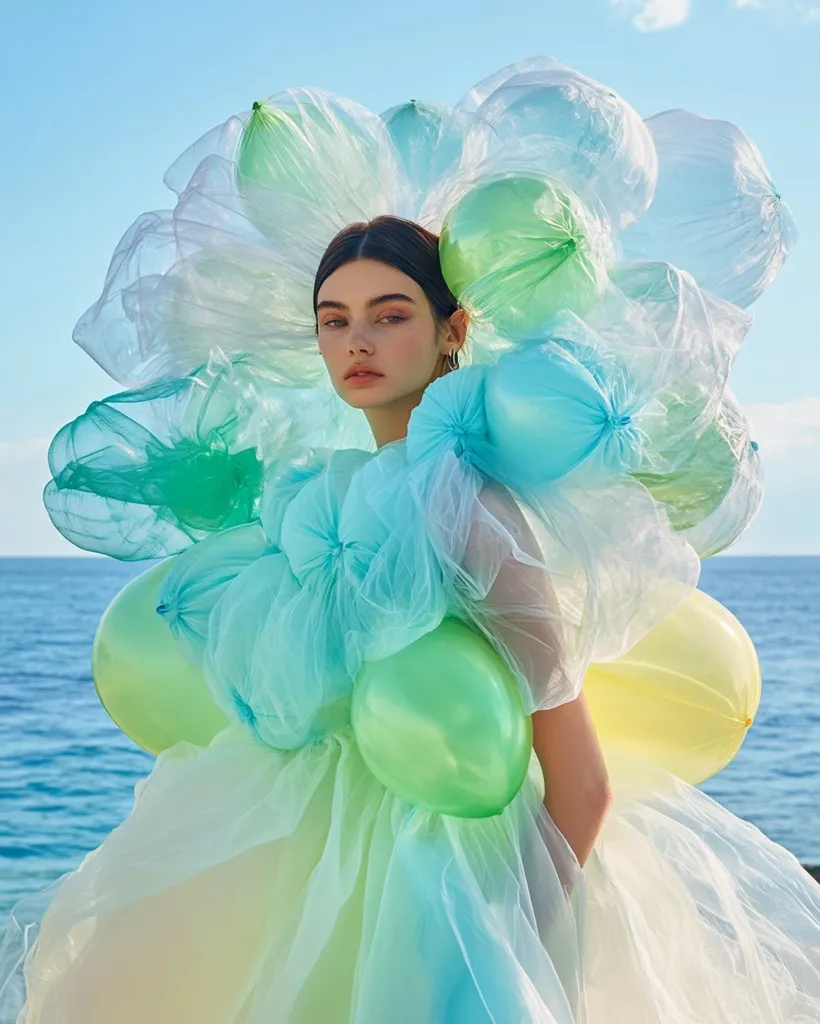 A woman with dark hair and a serious expression is wearing a light blue tulle dress.  She is surrounded by a cluster of green, blue and yellow balloons that are made from plastic bags.  The background is a bright blue sea with a clear sky.