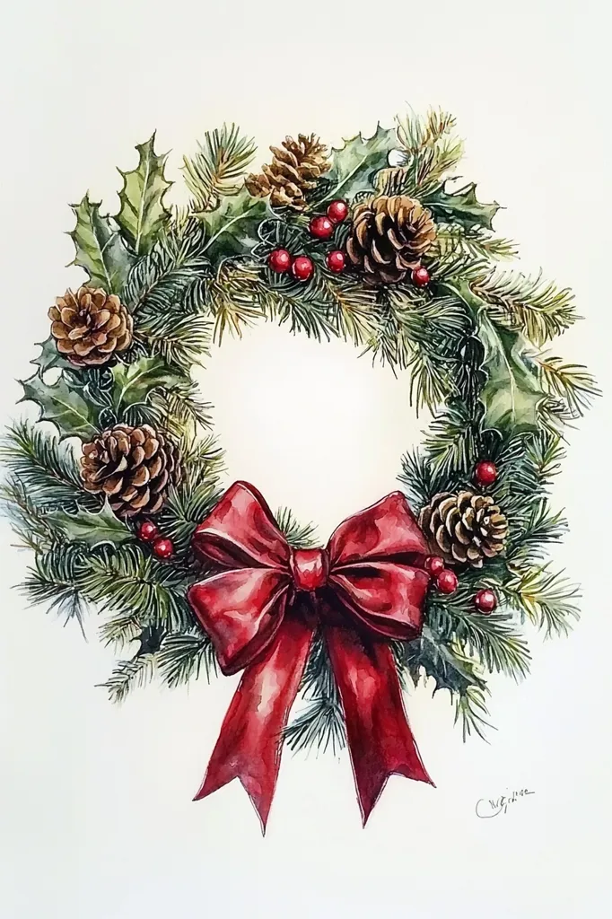 A watercolor painting of a Christmas wreath. The wreath is made of pine branches, holly, and red berries. It is tied with a large, red bow. There are also several pine cones on the wreath. The painting is done in a realistic style. The colors are vibrant and the details are very fine.