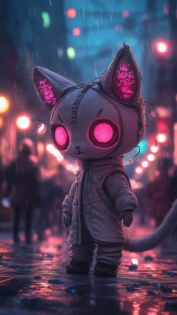 A whimsical, robotic cat stands in a neon-lit city street, its large, pink eyes staring ahead. The cat is wearing a white coat and has a long, furry tail. The background is a blur of colorful lights and falling rain. The image has a dreamlike, ethereal quality.