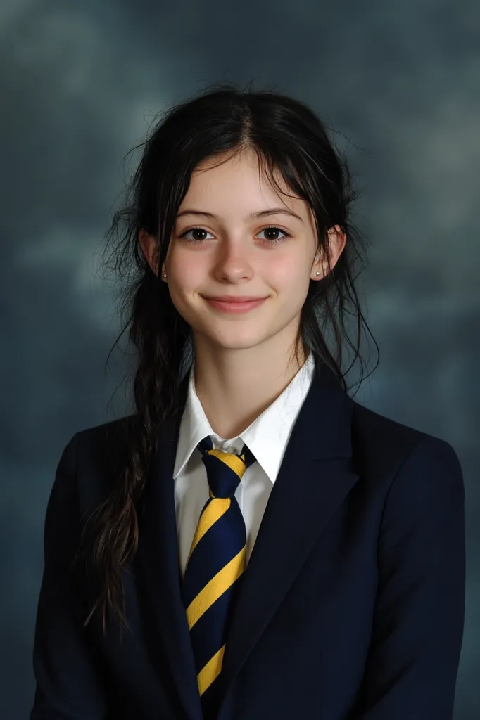 image for school yearbook, body facing the left, australian white girl, 15 years old, black hair, in plain navy blue blazer, navy blue tie with yellow stripes, body turn to the left, light gray gradient cloth backdrop, smiling, 8K, --ar 2:3 --v 6.1