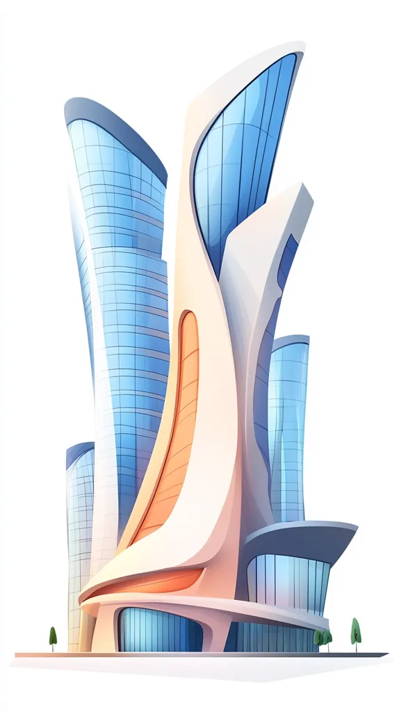 A futuristic skyscraper with a unique curved design stands tall against a white background. The building is composed of multiple glass and white sections, with an orange accent running through the center. The structure appears to be a complex of interconnected towers, showcasing modern architectural innovation and a blend of traditional and futuristic elements.
