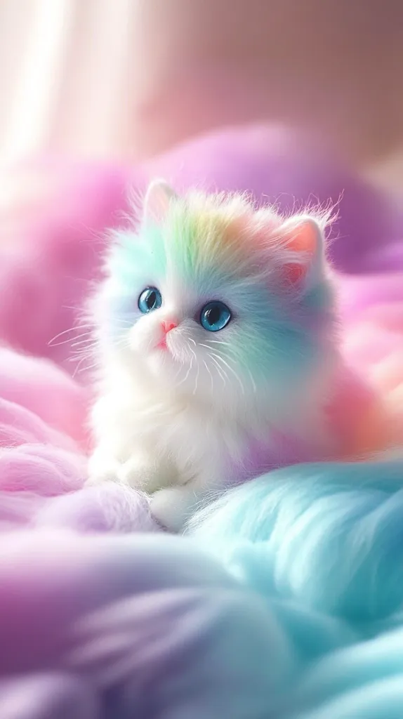 A fluffy white kitten with a rainbow sheen on its fur sits on a bed of soft, pastel pink and blue fabric. The kitten has big, blue eyes and a sweet, innocent expression. The image is soft and dreamy, evoking feelings of comfort and joy. The kitten's fur is incredibly soft and appears to glow with the iridescent light.