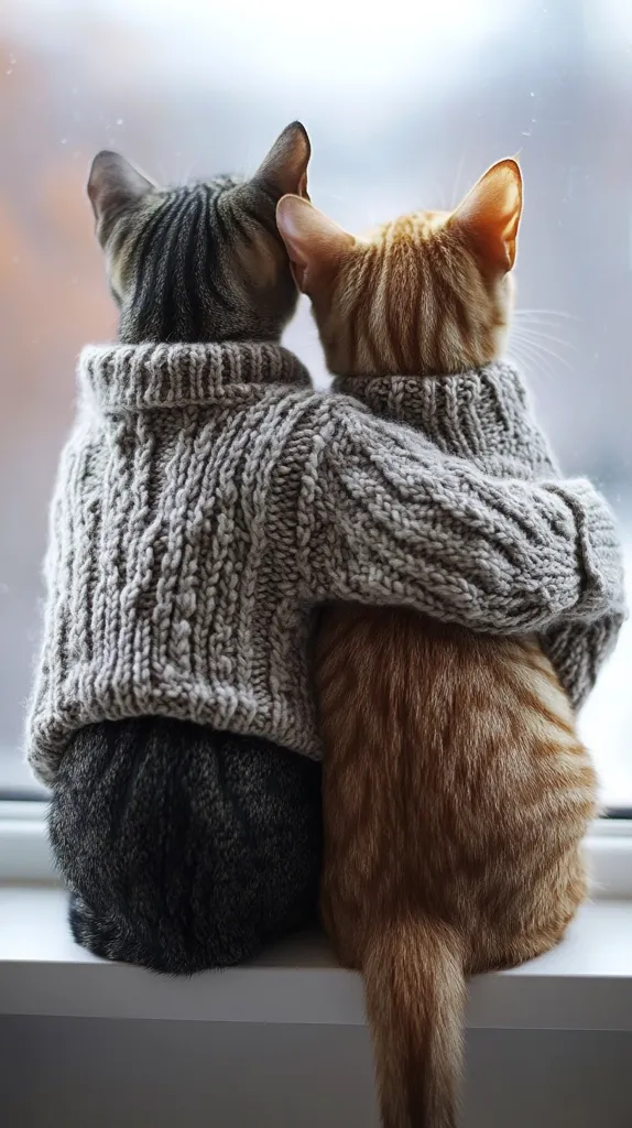 Two cats, one gray and one orange, are wearing matching knit sweaters. They are huddled together, looking out a window, and seem to be enjoying the warmth of their shared space.  The gray cat is on the left, and the orange cat is on the right. The gray cat is wearing a sweater that is a bit too big for it, and the orange cat is wearing a sweater that is a bit too small. They both have fluffy tails.