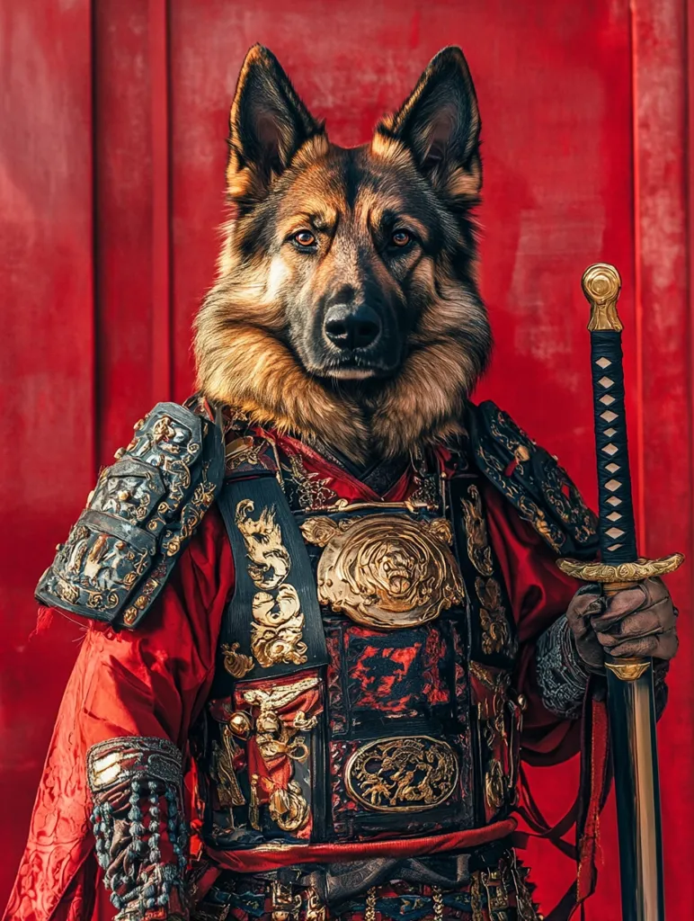 A German Shepherd dog, wearing a red and gold samurai suit of armor, stands in front of a red background. The dog has a serious expression on its face and holds a katana sword in its right paw. The intricate details of the armor, including the ornate chestplate and gold accents, make this a captivating image.  The dog's gaze and the sharp sword create a powerful and intimidating presence.  This image blends the classic features of a German Shepherd with the traditional elements of Japanese samurai culture.
