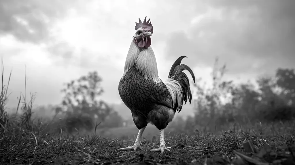 A rooster stands proudly in a field, his black and white plumage contrasting against the blurred background. The rooster's red comb and wattles stand out in the monochrome image,  while the cloudy sky above adds a sense of drama. The scene is captured in a black and white photograph, highlighting the rooster's details and the contrasting textures of the environment.