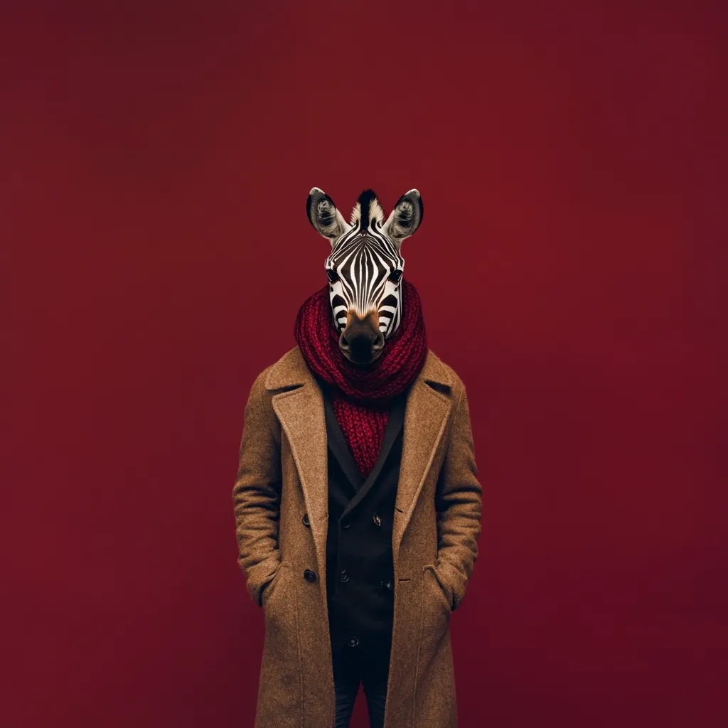 A zebra with a brown coat and a red scarf is standing in front of a red background. The zebra is looking directly at the camera. It is a humorous and surreal image that suggests a zebra with a human-like personality. The zebra's head is the only part of its body that is visible. The photo is taken at eye level and the zebra fills the frame.