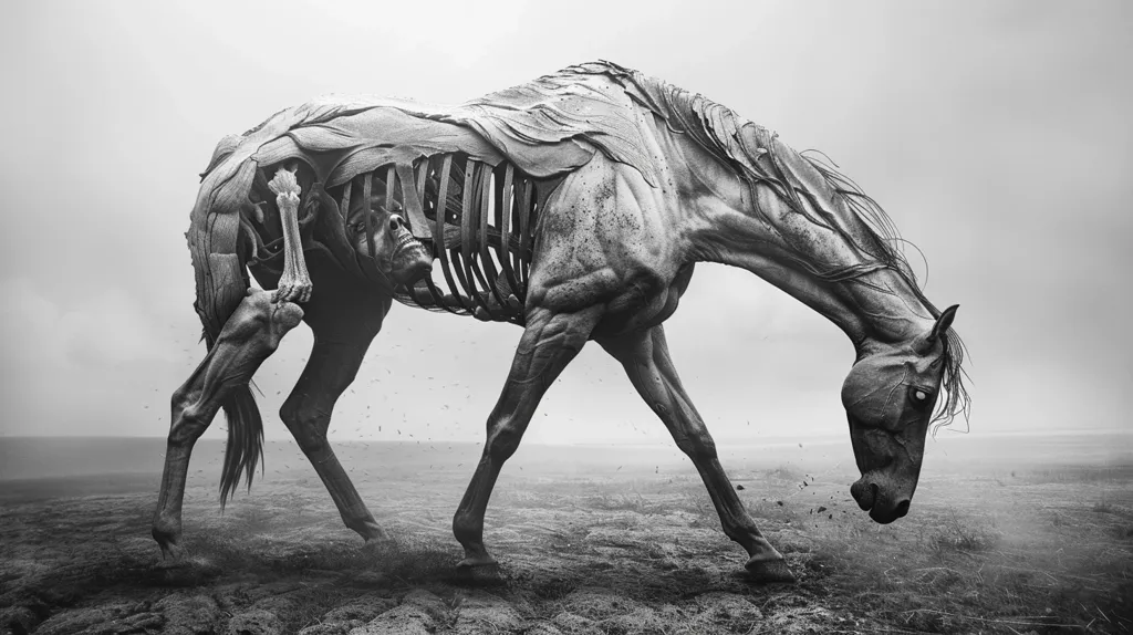 A black and white photo of a horse with its skin seemingly peeling away, revealing its skeletal structure. The horse is walking with its head lowered, its eye staring blankly ahead. The background is a hazy, desolate landscape. The image evokes a sense of decay and mortality.