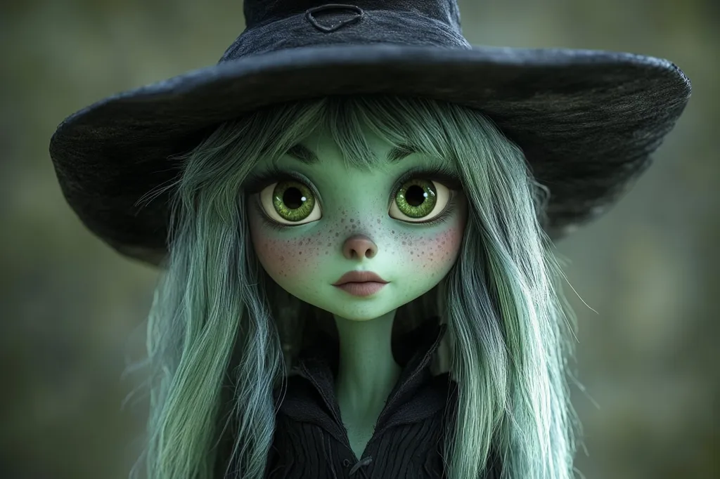 A doll with green skin and long green hair, wearing a black witch's hat and a black dress, stares directly at the viewer with large, green eyes.  The doll has faint freckles and rosy cheeks. The background is blurred and out of focus.