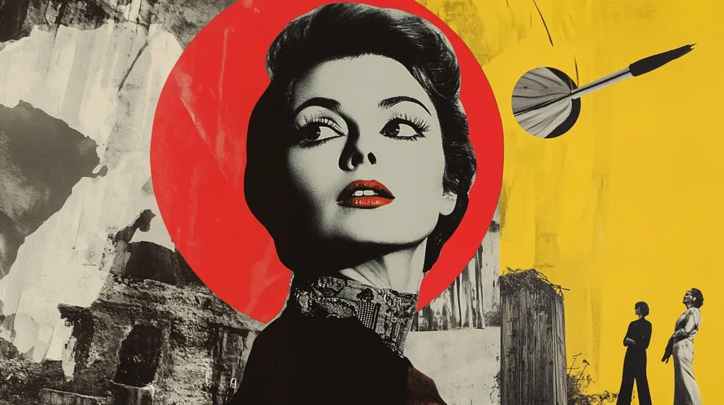 The image is a collage of a woman's face in a red circle, a dart hitting a bullseye in a yellow background, and other abstract shapes. The woman's face is stylized, with bold features and a strong gaze. The colors are bright and contrasting, creating a bold and eye-catching composition. The overall effect is one of abstract expressionism, with a focus on visual impact and emotional resonance.