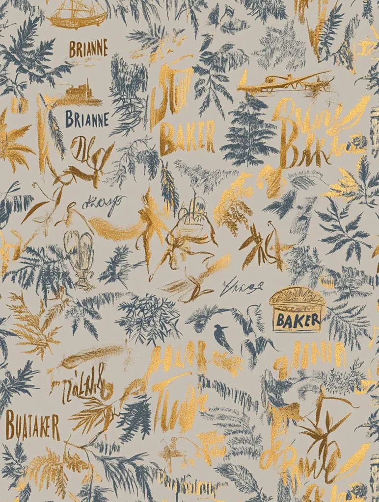 The image is a seamless pattern of hand-drawn illustrations in gold and blue on a light gray background. It features stylized trees, ferns, leaves, and a variety of handwritten words and phrases, such as "Brianne", "Baker", "Buataker", and "Tumble". The overall style is whimsical and organic, giving a sense of nature and handwritten artistry.