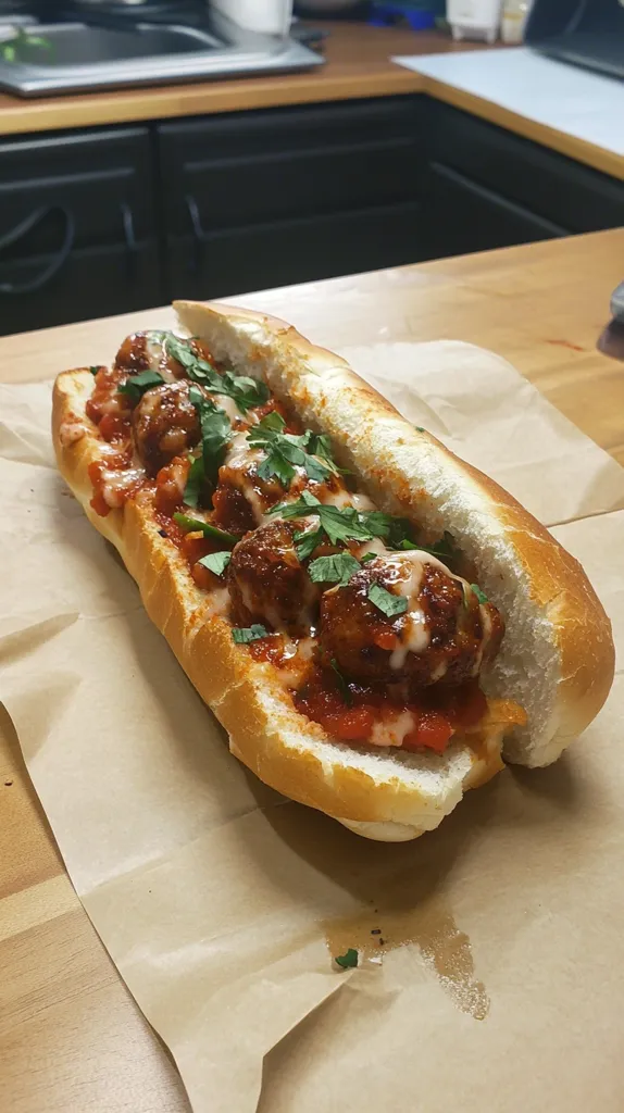 A large, crusty sub roll filled with savory meatballs, marinara sauce, melted cheese and fresh parsley is sitting on a brown paper bag. The sub roll looks delicious, and the ingredients are all visible. The sub is sitting on a wooden countertop in a kitchen setting.