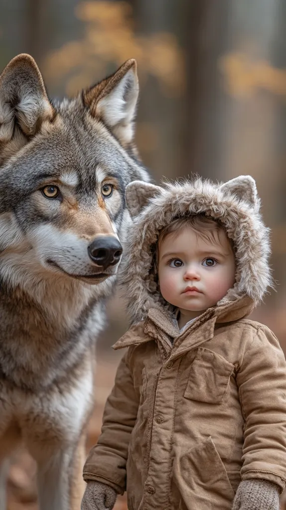 A young child, wearing a brown jacket with a fur-trimmed hood, stands next to a large wolf. The wolf's fur is a mix of grey and brown, and its eyes are focused on the child. The child's eyes are wide with curiosity, and they are looking directly at the camera. The background is blurred, suggesting a natural setting. The image captures a moment of unexpected connection between the child and the wolf, evoking themes of innocence, curiosity, and the beauty of the natural world.