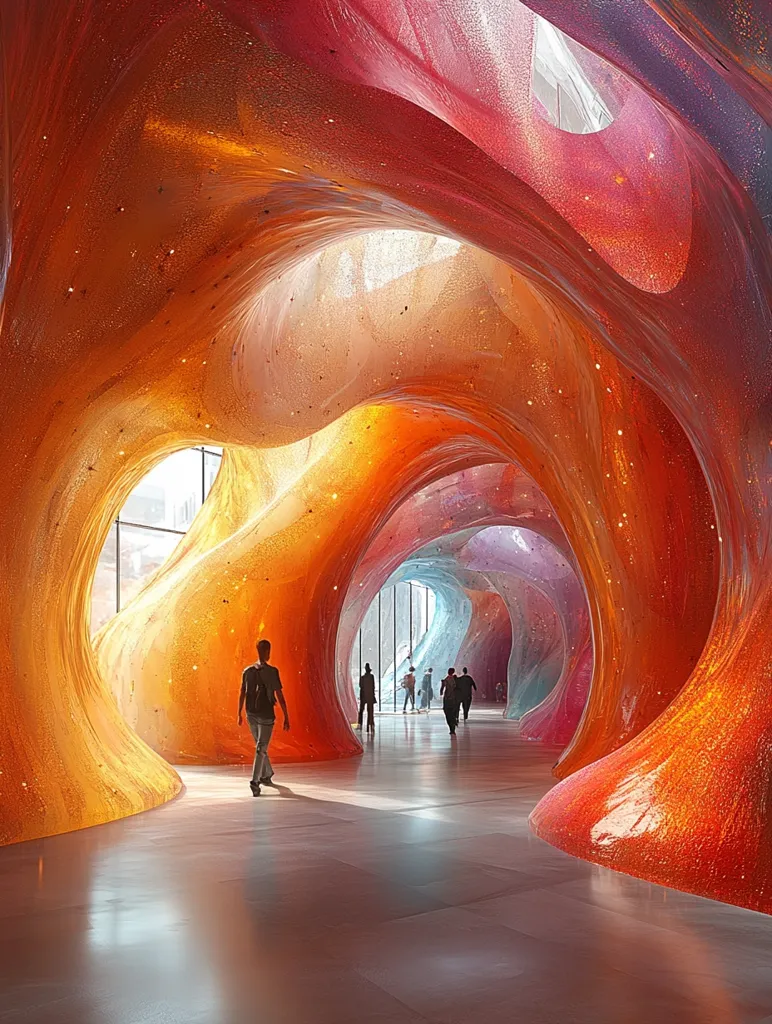 A group of people walk through a futuristic hallway. The walls are made of colorful, undulating, almost liquid-looking material. The floor is smooth and reflective, creating a sense of depth and space. The overall feeling is one of wonder and awe, as if walking through a giant, abstract sculpture. The light streaming in from the windows creates a warm and inviting atmosphere.