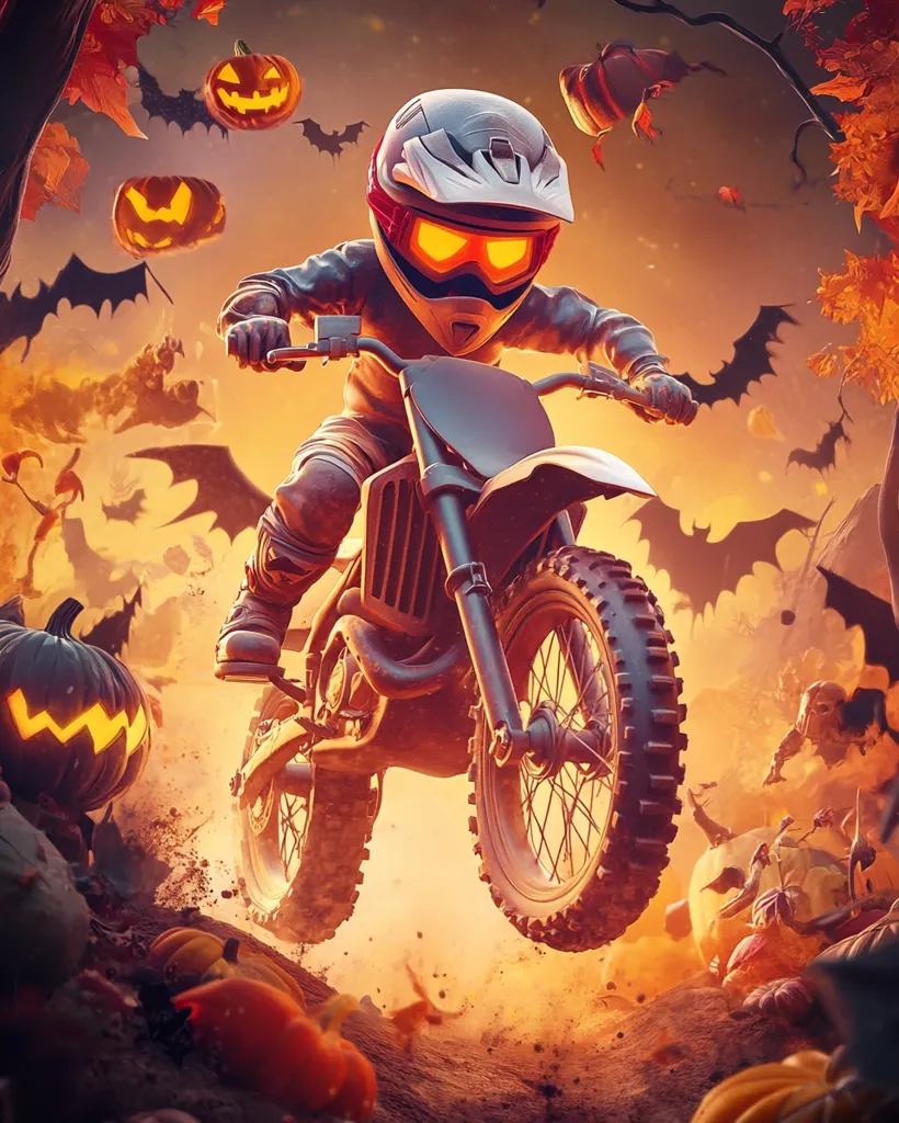 A motocross rider in a Halloween themed helmet races through a pumpkin-filled landscape. The rider is silhouetted against an orange glow with bats flying overhead. The scene is filled with pumpkins, autumn leaves, and a sense of spooky fun.  The rider is focused on the race ahead, with their bike's wheels kicking up dirt.