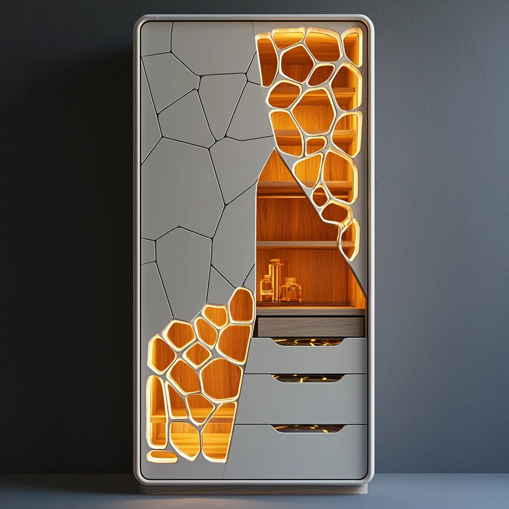 A modern cabinet with a unique design features a white exterior with cutouts revealing a honeycomb-like structure. Inside, wooden shelves are illuminated with warm lighting, showcasing a few decorative objects. The cabinet's drawers have a minimalist aesthetic, blending seamlessly with the overall design. The piece stands against a dark gray wall, emphasizing its contemporary style.