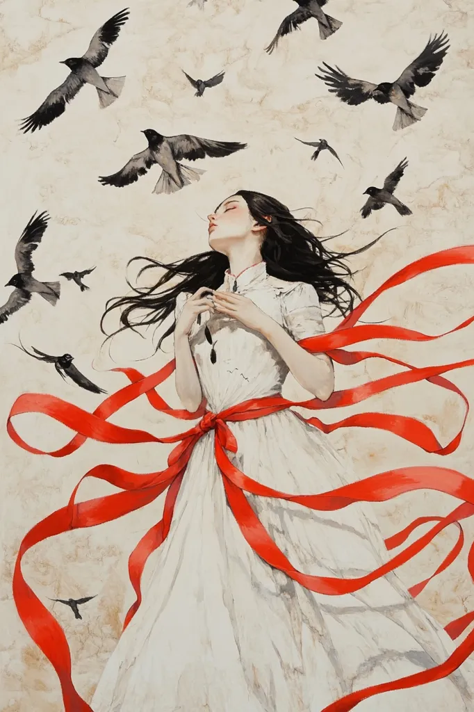 The image depicts a young woman with long dark hair, dressed in a white dress, floating in the air surrounded by a swirling red ribbon. Several small black birds are flying around her, adding to the whimsical atmosphere. The woman's eyes are closed, and she appears to be at peace, suggesting a sense of freedom and liberation. The painting evokes a dreamy and ethereal quality, suggesting a connection to nature and the beauty of the natural world.