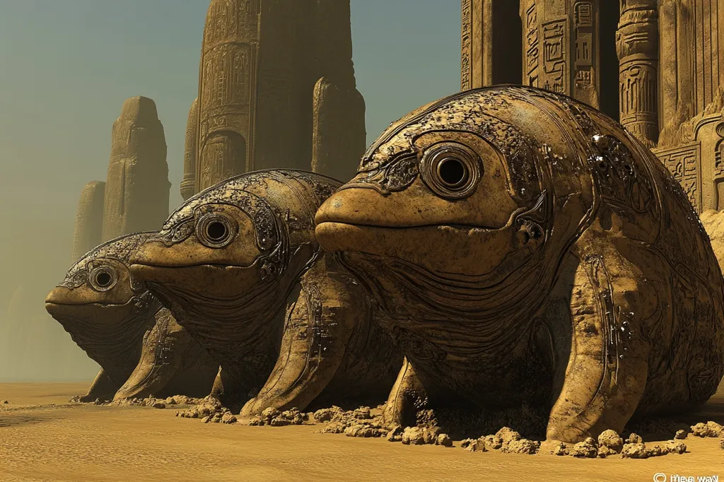 Three large, reptilian creatures, carved from stone, sit in the sand. They have large, round eyes and intricate details on their bodies.  Behind them stand towering stone pillars, resembling ancient ruins. The scene evokes a sense of mystery and wonder, like something out of an ancient myth.