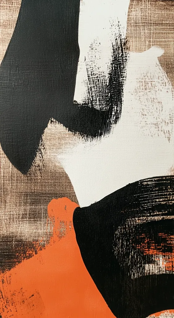 The image is an abstract painting with large, bold strokes of black, white, and orange paint. The black paint is thick and textured, while the white paint is smooth and opaque. The orange paint is applied in a more delicate manner, creating a soft contrast to the other colors. The background appears to be a textured canvas. The composition is dynamic and energetic, with the colors and shapes creating a sense of movement and depth.