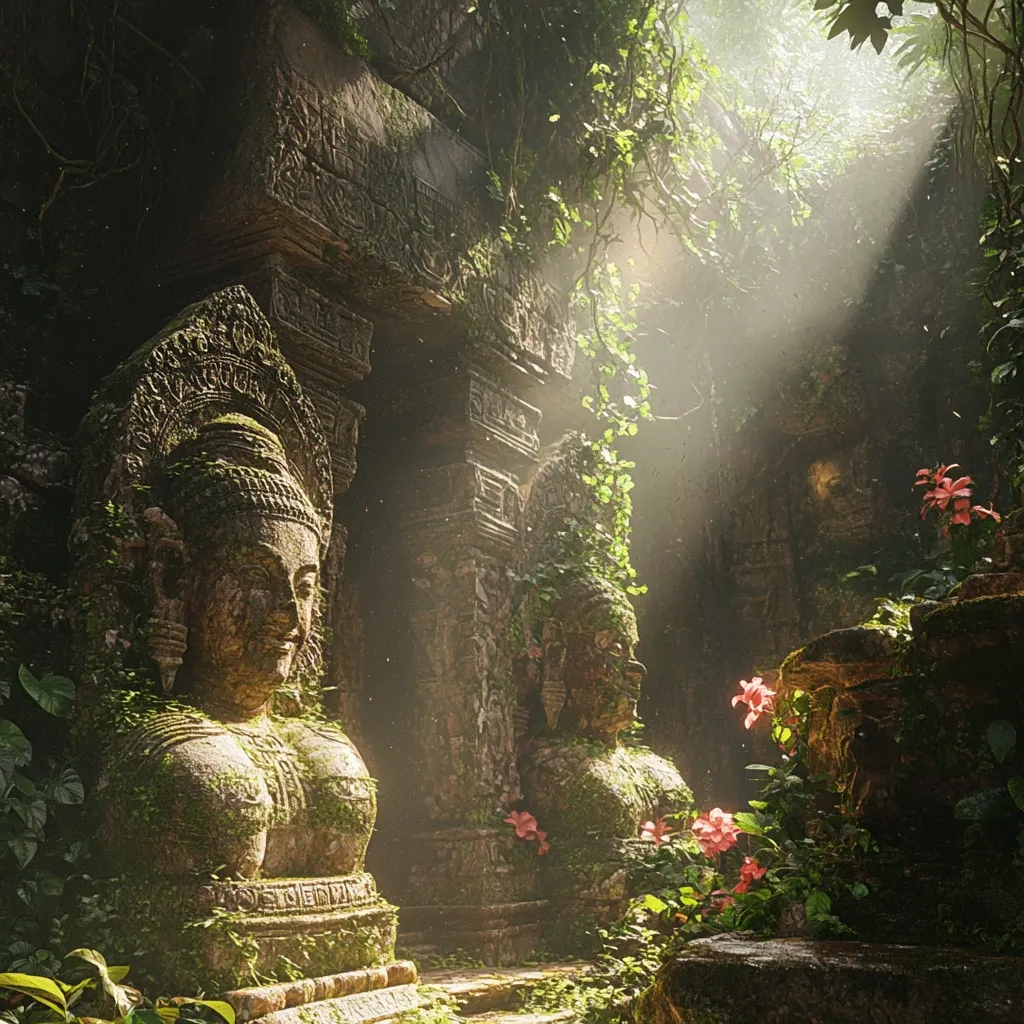 A stone temple, overgrown with lush greenery and vines, is bathed in a warm, ethereal light. The temple's intricate carvings and moss-covered statues are partially obscured by the foliage. A ray of sunlight pierces through the trees, illuminating the scene with a mystical glow. Pink flowers bloom at the base of the statues, adding a vibrant touch to the ancient setting. The air is filled with a sense of tranquility and mystery.