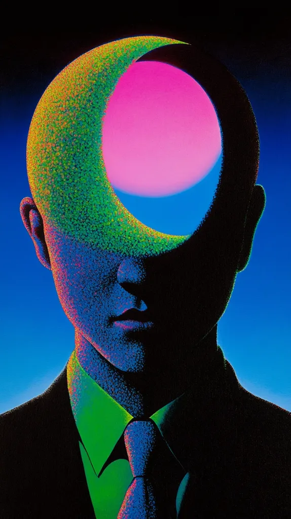 The image is a close-up portrait of a man wearing a suit and tie. His head is obscured by a crescent moon shape, which is a bright pink and blue. The background is a dark blue, and the image is made up of a stippled effect. The overall impression is one of mystery and intrigue, and the colors suggest a psychedelic or surreal quality.