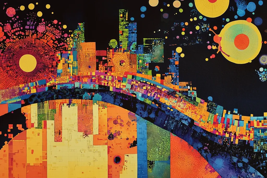 The image is a vibrant abstract painting dominated by a dark blue background with a colorful cityscape in the lower left corner and a large circle in the upper right corner. The cityscape is composed of many small, colorful squares and rectangles arranged in a grid pattern. The circle is surrounded by smaller circles and dots of various colors. The overall effect is one of movement and energy.