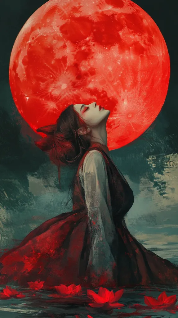 A woman in a red dress stands with her head tilted back, gazing upwards at a large, glowing red moon. The image is painted in a stylized, almost dreamlike fashion with soft edges and blurred backgrounds, creating a sense of otherworldliness. The woman's long dark hair flows around her shoulders, and the moon casts a warm red light over her face.