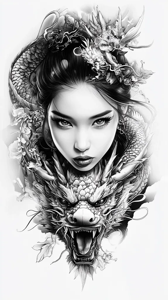 The image is a black and white drawing of a woman with a dragon. The woman has long dark hair and is wearing a dragon-shaped headdress. The dragon is wrapping around her neck and is drawn in a very detailed style. The image is set against a white background. The woman is looking directly at the viewer, with a neutral expression. The dragon's mouth is open and its teeth are visible. The image is likely a tattoo design or illustration.