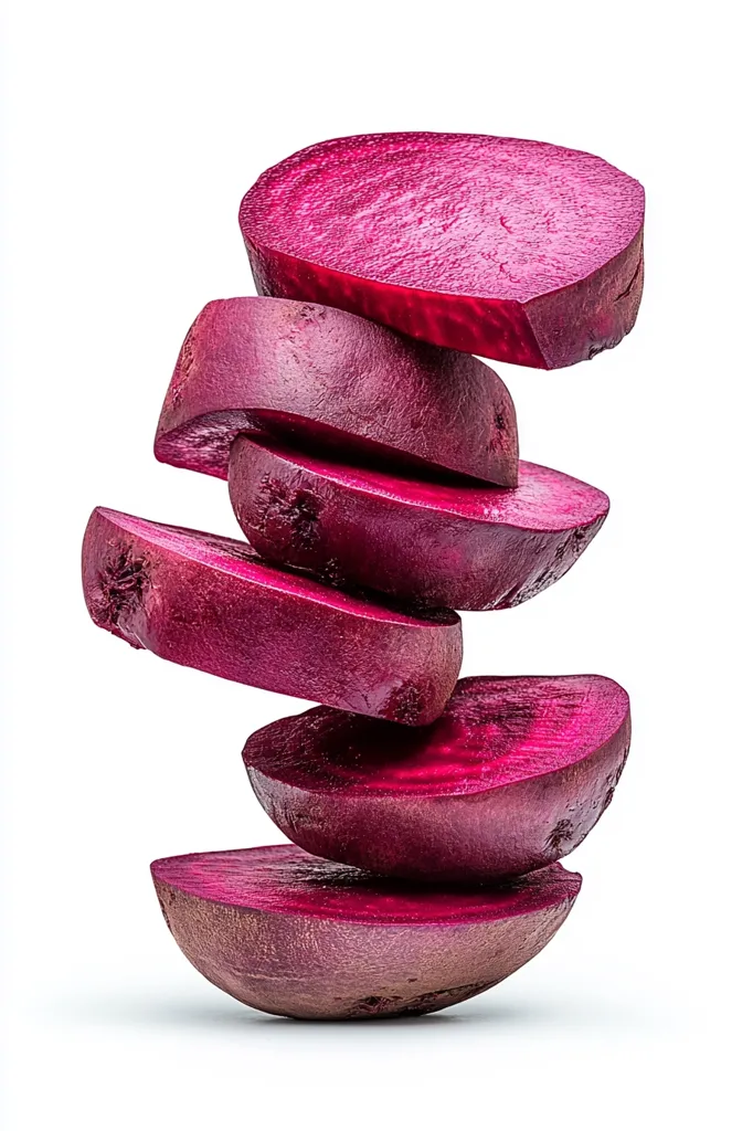 A stack of five beet slices, with the top slice being the largest and the bottom slice being the smallest, are arranged in a staggered pattern. The slices are a vibrant red-purple color and appear fresh and juicy. They are isolated against a white background.  The beets are slightly out of focus, giving the image a soft, dreamy effect.  The image is simple and elegant, highlighting the beauty of this humble root vegetable.