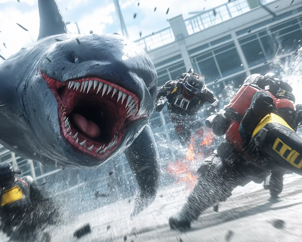 A giant, blue shark with a wide open mouth and sharp teeth is charging toward the viewer. In the foreground, three figures in black and red futuristic armor are running away from the shark, their expressions showing fear. The scene is set in a city, with buildings and water in the background. The image is dynamic and full of action, creating a sense of danger and excitement.