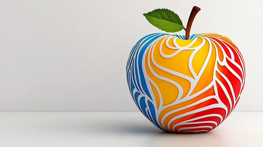 A colorful, stylized apple with a green leaf sits on a white surface. The apple is a vibrant mix of blue, yellow, orange, and red, with white lines creating a pattern of swirls and waves. The background is a simple, clean white. The image has a modern and abstract feel.