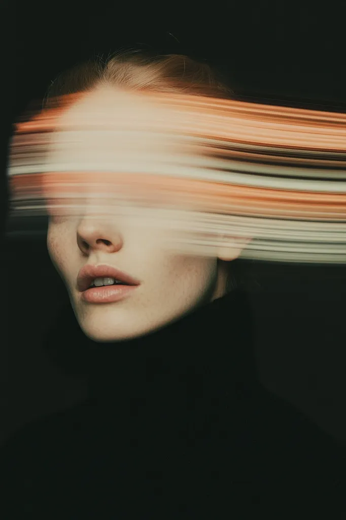 The image shows a woman with a blurred, abstract effect obscuring her eyes. The background is dark, contrasting with her light skin and the red-orange hues of the blurred effect. The focus is on her lips, creating an air of mystery and intrigue.  The overall tone is moody and evocative, hinting at a sense of hidden emotions or a fleeting moment.