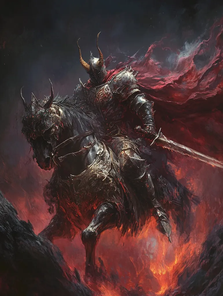 A dark, armored knight with horns and a flowing red cape rides a black steed through a fiery landscape. The knight holds a large sword, and the flames seem to dance around them, creating a sense of power and danger. The image is full of detail, from the intricate armor of the knight to the textures of the fire.