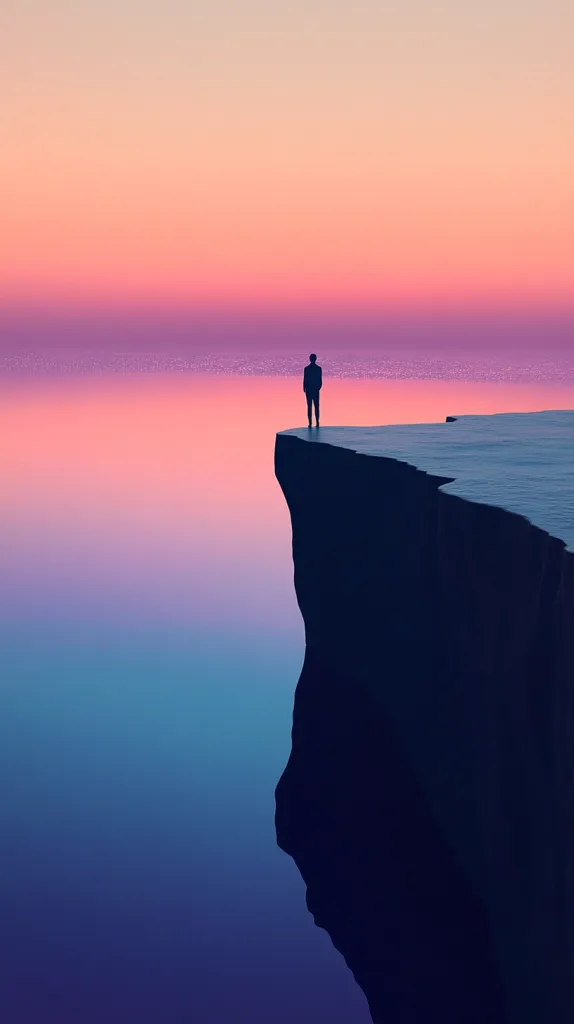 The image shows a lone figure standing at the edge of a cliff overlooking a vast expanse of water. The sky is a vibrant pink and orange, while the water gradually transitions from blue to purple. The silhouette of the figure against the colorful sunset creates a sense of solitude and contemplation. The image evokes a sense of peace and tranquility, inviting viewers to reflect on the vastness of the world.