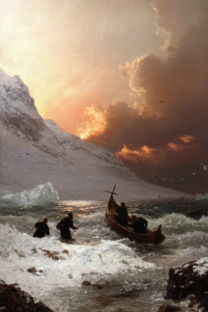A longboat with several figures on board rows through choppy waters in a fjord. The sky is ablaze with an orange sunset while the rocky shores and a large iceberg sit on the left side. The painting captures the rough beauty of the Norwegian landscape and the struggles of seafaring life.