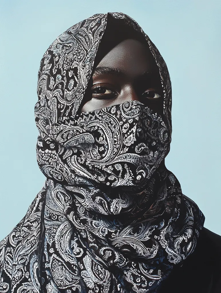 A person with dark skin is wearing a black and white paisley patterned scarf that covers their head and face, leaving only their eyes visible. The background is a pale blue. The image is a portrait that focuses on the person's face and the intricate design of the scarf. The lighting is soft and the colors are muted, creating a sense of mystery and intrigue.