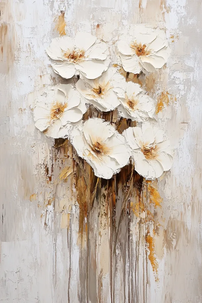 The painting is a close-up of a bouquet of white flowers with yellow centers. The flowers are painted in a thick, impasto style, giving them a three-dimensional appearance. The background is a textured, abstract design of white, brown, and gold paint. The overall effect is one of softness, elegance, and beauty.