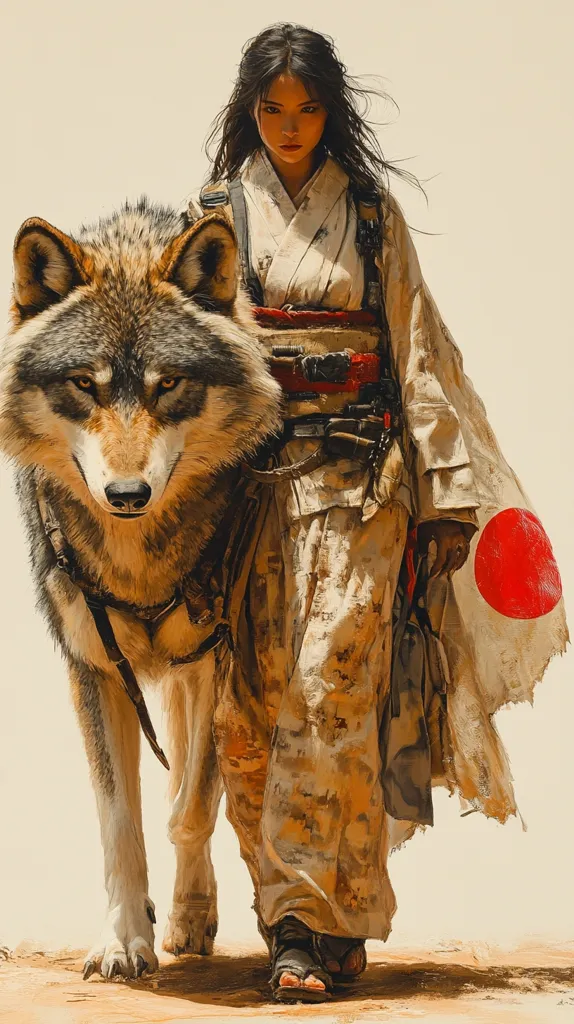 A young woman with long black hair, wearing a traditional Japanese kimono with a red and white Japanese flag, walks alongside a large wolf.  The woman has a serious expression and the wolf has a keen look in its eye.  Both are walking on a sandy path. The woman is wearing sandals and the wolf is wearing a harness.  The image is painted in a realistic style.