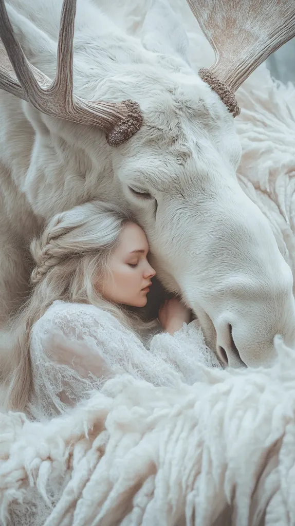 A young woman with long blonde hair, wearing a white lace dress, is nestled against a large white moose. Her eyes are closed, and she appears to be sleeping. The moose's large antlers are visible in the background. The scene is bathed in soft, ethereal light, creating a dreamlike and mystical atmosphere. The image suggests a sense of tranquility and connection between the woman and the animal.  The soft, white fur of the moose adds to the sense of peace and serenity.