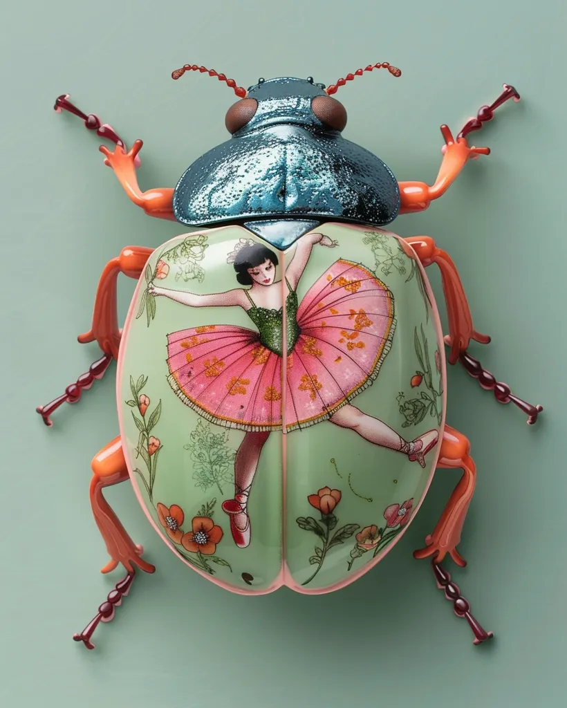 A large, intricately detailed beetle with a teal-colored shell and orange legs is depicted against a light green backdrop. The beetle's shell is painted with a delicate design, featuring a ballerina in a pink tutu and floral motifs. The ballerina's pink tutu and shoes are a striking contrast to the green and teal tones of the beetle's shell. The detail of the painting and the realistic portrayal of the beetle create a unique and captivating artwork.