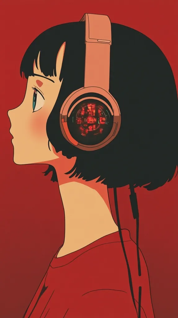 A young woman with short black hair is shown in profile, wearing large, pink headphones. Her face is tilted downwards, and she is looking to her left. The headphones have a red, glowing light behind the earpiece. She is wearing a red shirt and the background is a vibrant red. The overall mood is quiet and introspective.