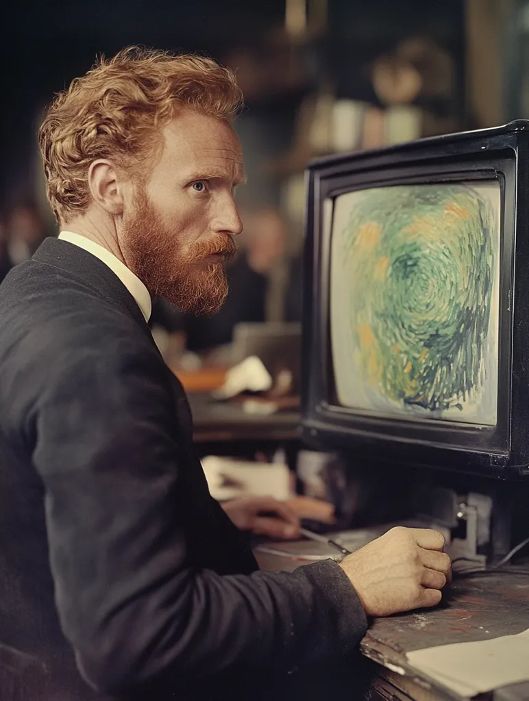 A man with red hair and a beard, wearing a dark suit, looks at an old-fashioned television set displaying a swirling green and yellow abstract painting. The man's right hand rests on the table next to the television, while his left hand appears to be holding a pen or a tool. The setting is a dimly lit room with bookshelves in the background, creating a studious and artistic atmosphere. The scene suggests the man is observing and analyzing the art displayed on the television.